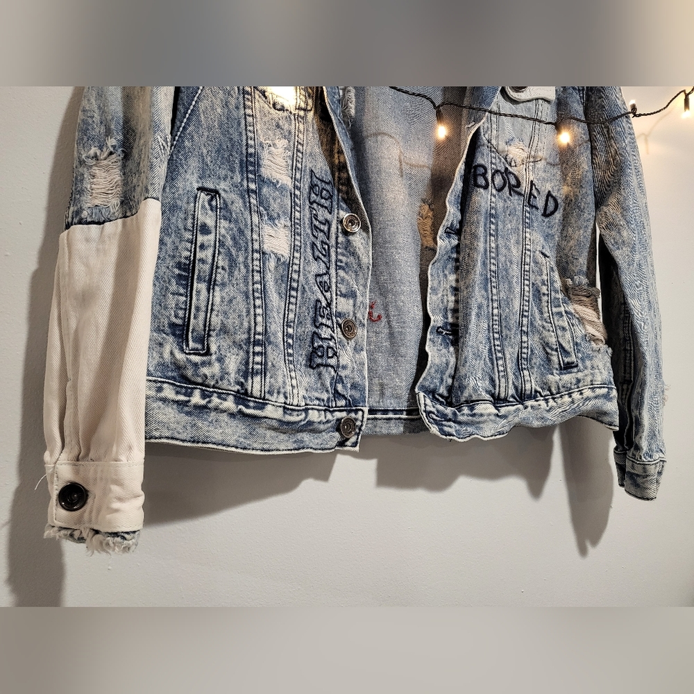 DNM Collection Medium Distressed Embroidered Reworked Denim Jacket - Picture 11 of 16